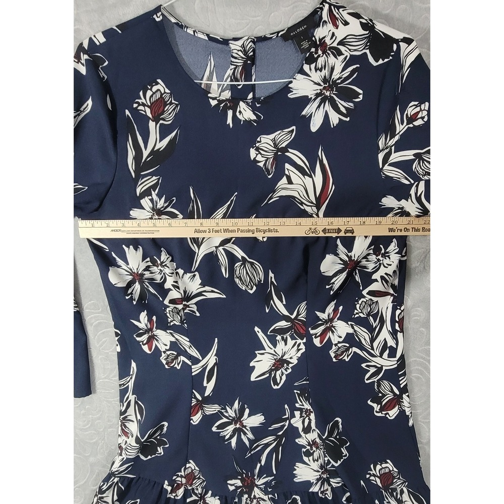 HALOGEN Women Size L Navy Blue Floral Crew Neck Long Sleeve Dress - Picture 6 of 11